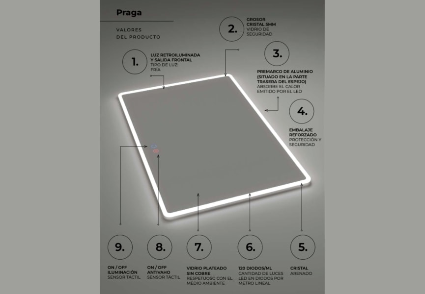 Espejo de baño con luz LED Praga Ledimex detalle 7