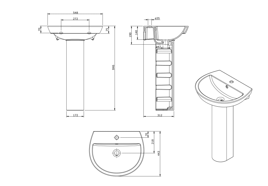 Lavabo con pedestal Easy Unisan Sanidusa croquis 2