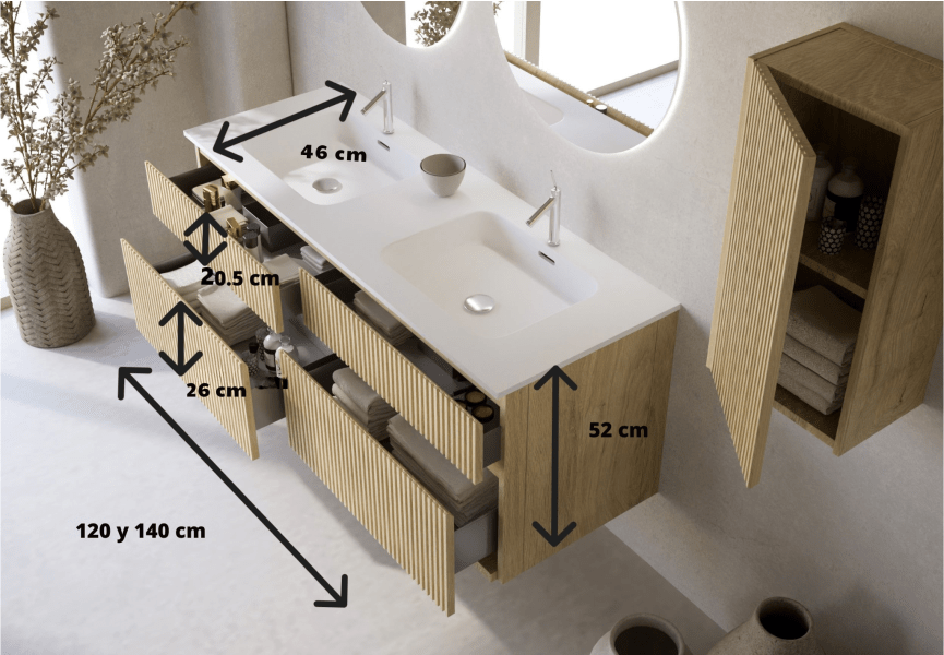 Conjunto de mueble de baño madera maciza ranurada Alpes 7 Bruntec croquis 5