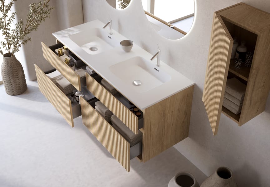 Conjunto de mueble de baño madera maciza ranurada Alpes 7 Bruntec detalle 3