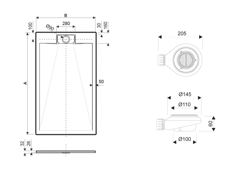 Plato de ducha de resina Mercuri Kassandra croquis 3