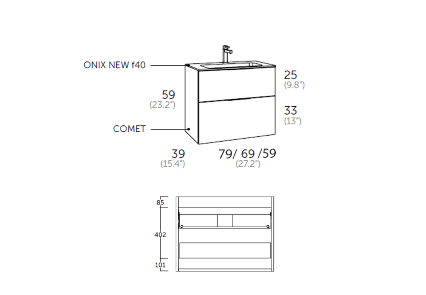 Conjunto mueble de baño fondo reducido 41cm Comet tirador cromo Coycama croquis 4