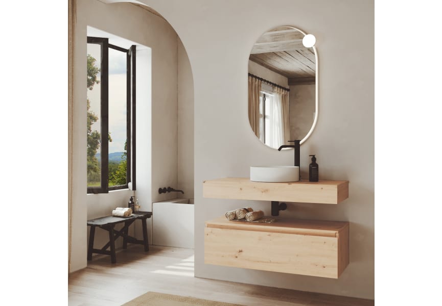 Conjunto mueble de baño color madera con encimera de madera Vilma Bruntec principal 2
