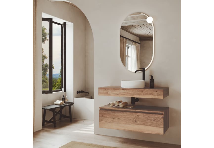 Conjunto mueble de baño color madera con encimera de madera Vilma Bruntec principal 1
