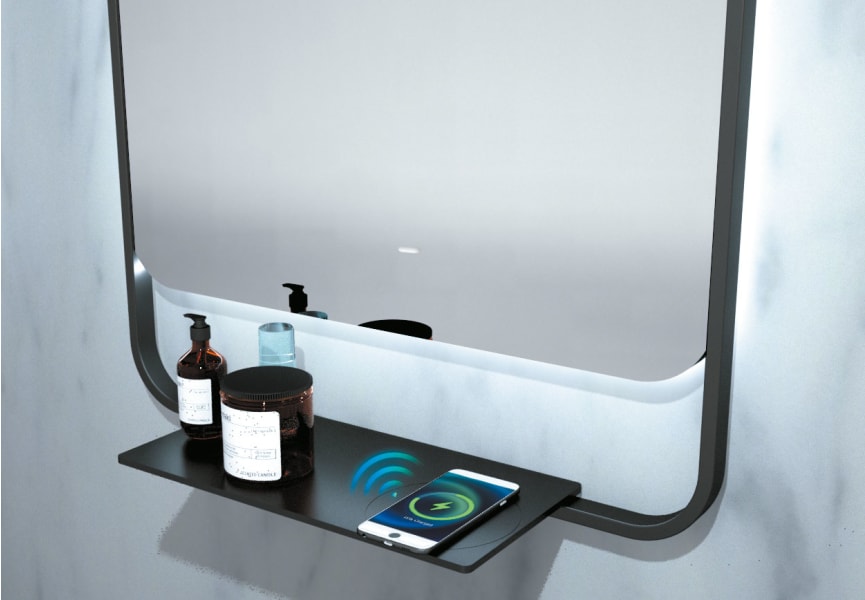 Espejo de baño con luz LED con repisa y cargador para móvil Concept Ledimex detalle 2