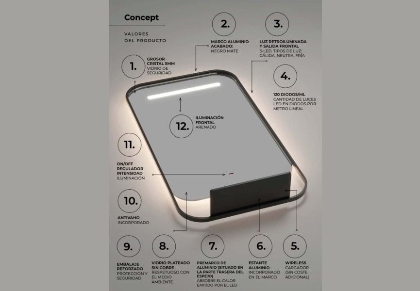 Espejo de baño con luz LED con repisa y cargador para móvil Concept Ledimex detalle 4