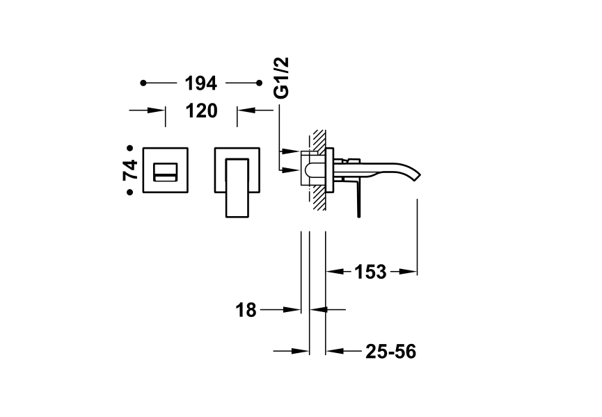 Grifo de lavabo empotrado Cuadro Tres Croquis 1