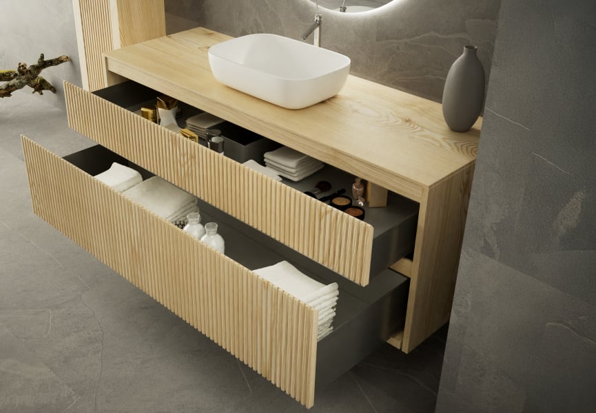 Mueble de Baño de madera maciza a medida con encimera de madera Alpes 1 Bruntec detalle 3