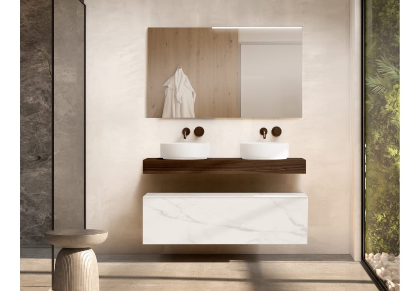 Mueble de baño con encimera de madera 10 cm de altura en color Valenti con cajonera Nomad Visobath principal 1