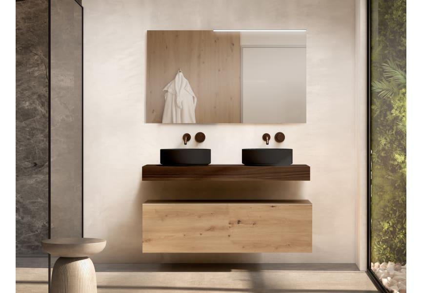 Conjunto mueble de baño con encimera de madera 10 cm de altura en color Valenti con cajonera Nomad Visobath principal 4