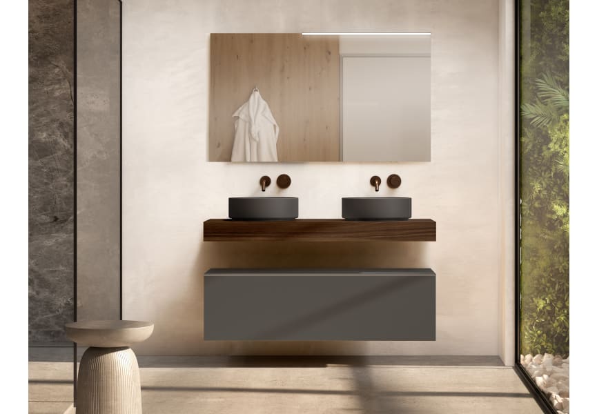Mueble de baño con encimera de madera 10 cm de altura en color Valenti con cajonera Nomad Visobath principal 3