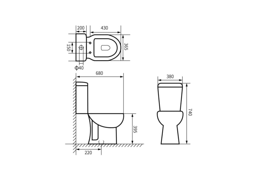 Pack inodoro a suelo + cisterna + bidé a suelo New Bolonia de Bruntec croquis 2