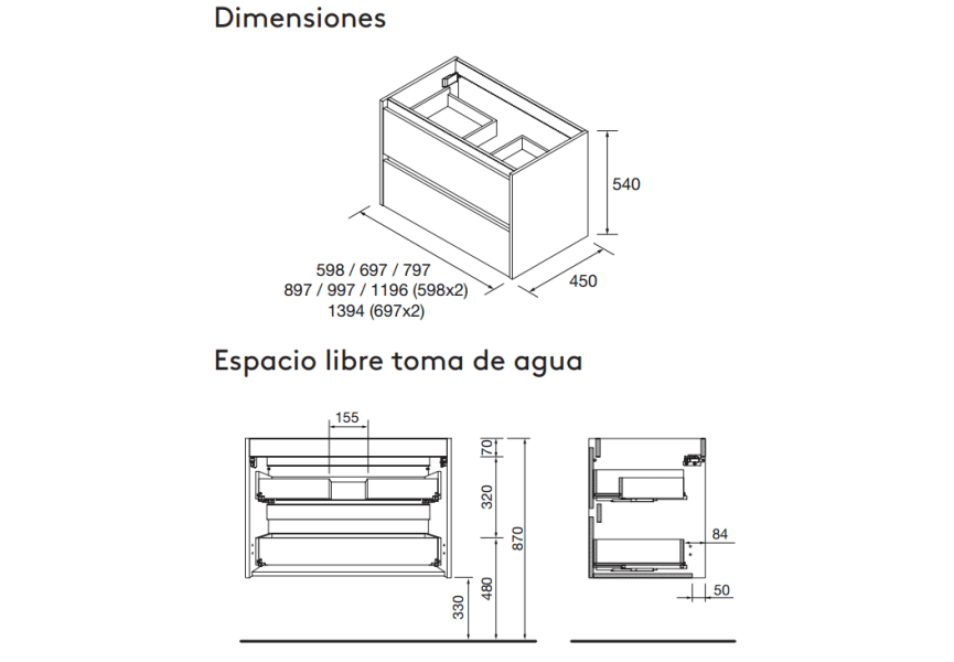 Conjunto mueble de baño con encimera de madera Noja Salgar croquis 20