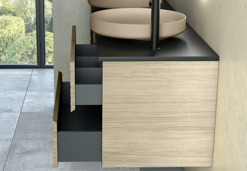 Mueble de baño con encimera de microtec negra Kora Bruntec detalle 4