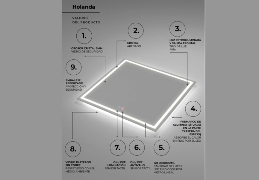 Espejo de baño con luz LED Holanda Ledimex detalle 7