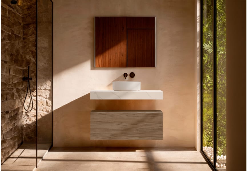 Mueble de baño con encimera HPL resina 10 cm acabado marmoleado Cala con cajonera Nomad Visobath principal 3