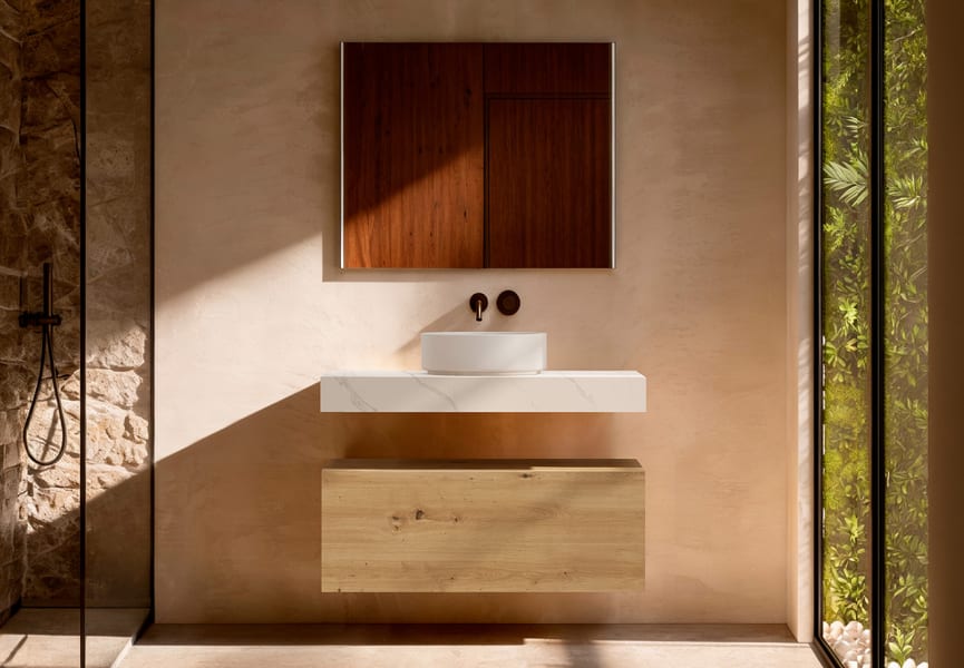 Mueble de baño con encimera HPL resina 10 cm acabado marmoleado Cala con cajonera Nomad Visobath principal 1