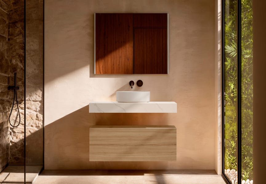 Mueble de baño con encimera HPL resina 10 cm acabado marmoleado Cala con cajonera Nomad Visobath principal 0