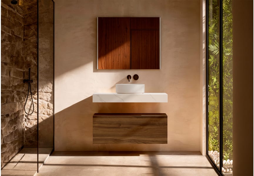 Mueble de baño con encimera HPL resina 10 cm acabado marmoleado Cala con cajonera Nomad Visobath principal 2