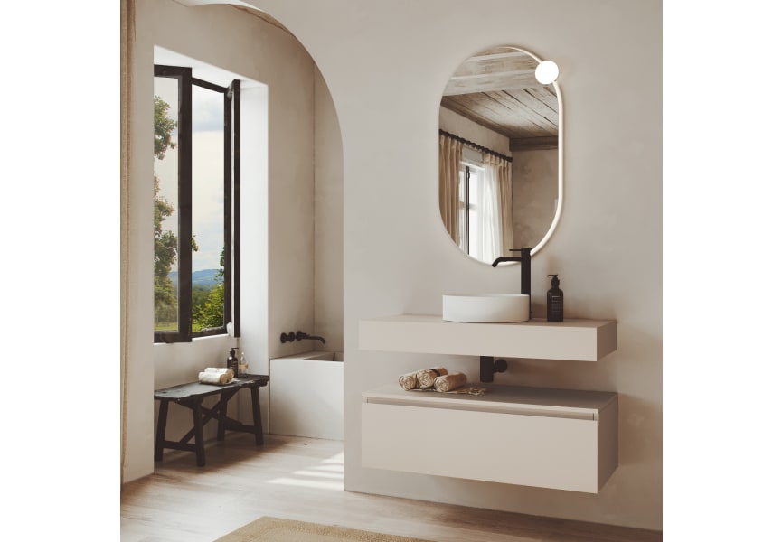 Conjunto mueble de baño MDF lacado con encimera de madera Vilma Bruntec principal 2