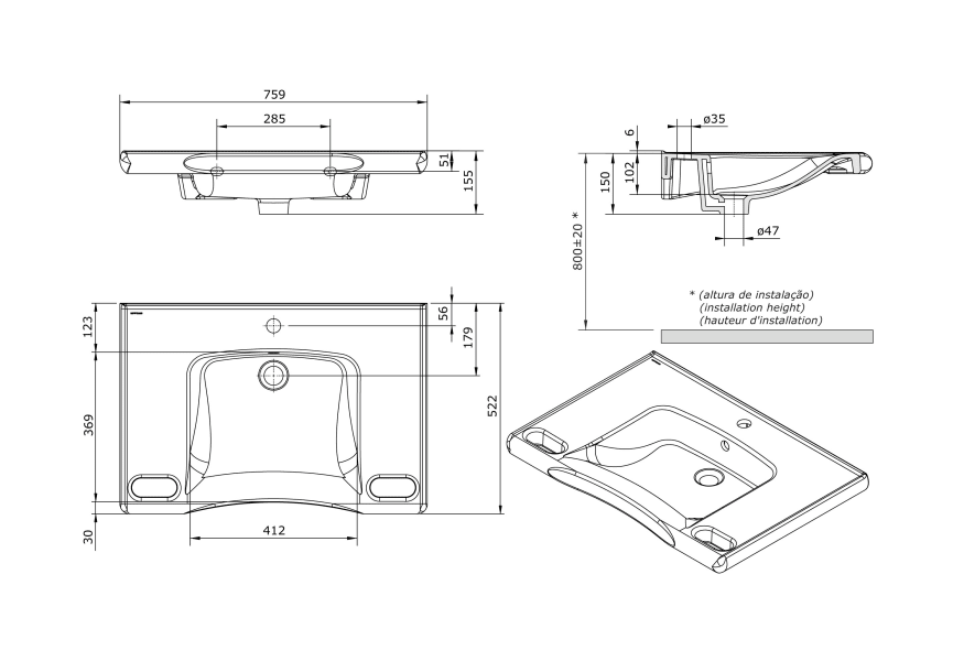 Lavabo suspendido New Wccare PMR de Unisan croquis 4