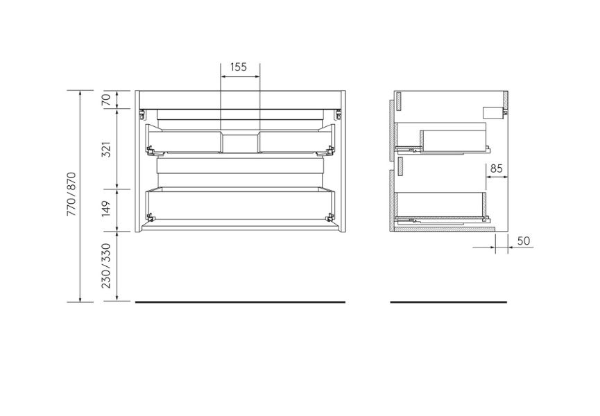 Mueble de baño para lavabo sobre encimera Bequia Salgar croquis 11