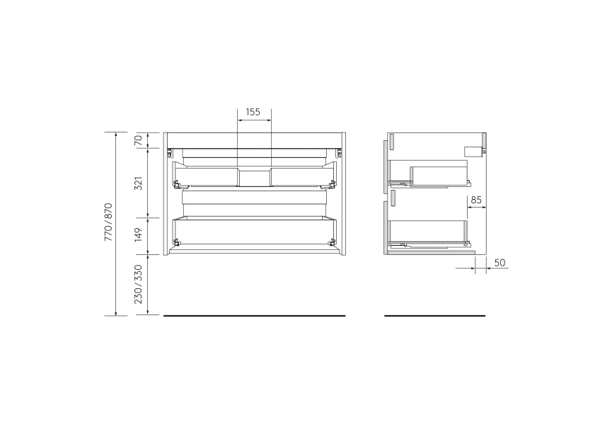 Mueble de baño para lavabo sobre encimera Bequia Salgar croquis 11