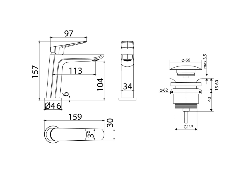 Pack Grifo de lavabo Bélgica Imex + Válvula click-clack croquis 4