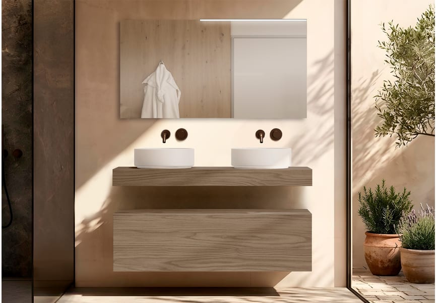Mueble de baño con encimera de madera 10 cm de altura con cajonera Nomad monocolor Visobath principal 2
