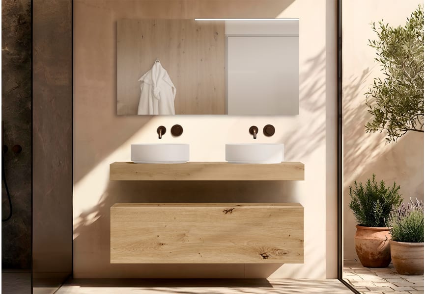Mueble de baño con encimera de madera 10 cm de altura con cajonera Nomad monocolor Visobath principal 0