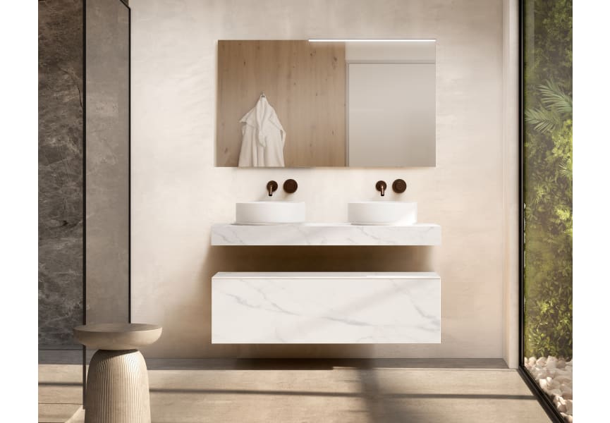 Conjunto mueble de baño con encimera de madera 10 cm de altura con cajonera Nomad monocolor Visobath principal 1