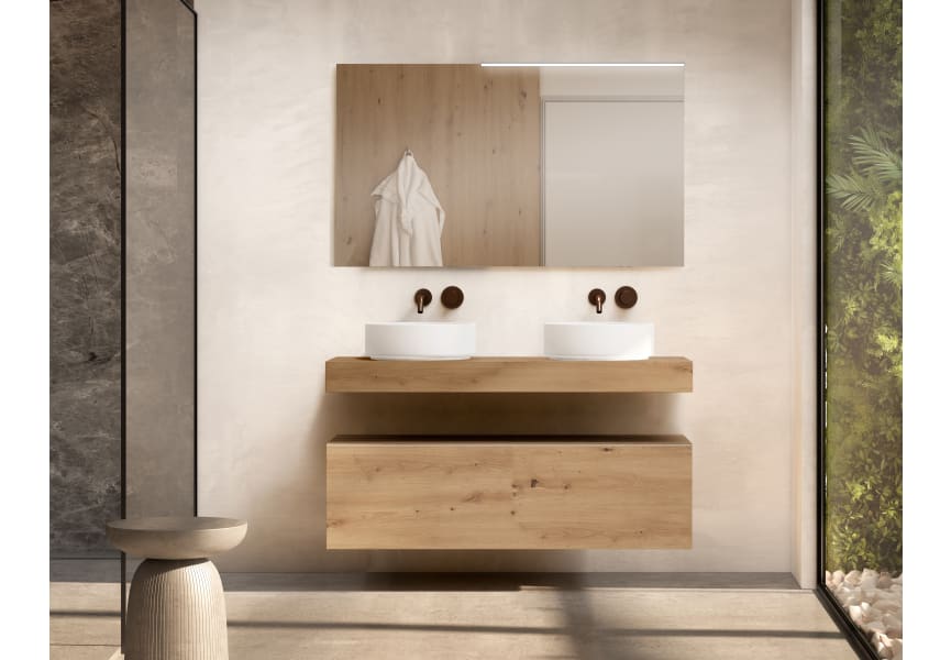 Conjunto mueble de baño con encimera de madera 10 cm de altura con cajonera Nomad monocolor Visobath principal 0