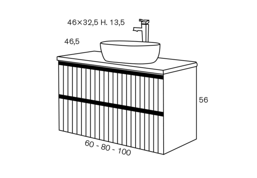 Conjunto de mueble de baño con lavabo sobre encimera negro Yuka Sanchís croquis 3