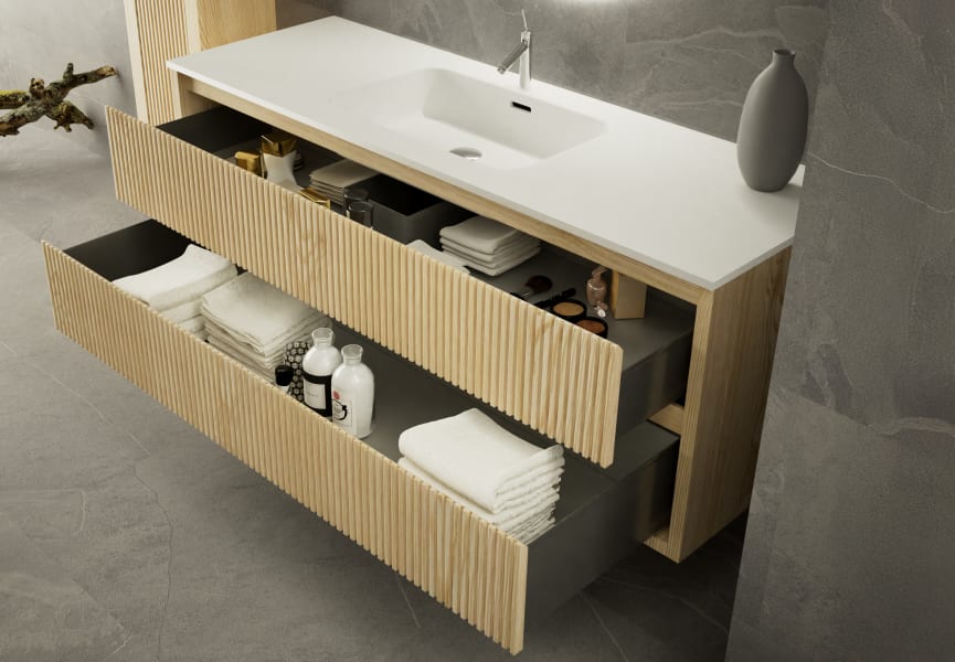 Conjunto de mueble de baño de madera maciza con costados Alpes 19 Bruntec detalle 2