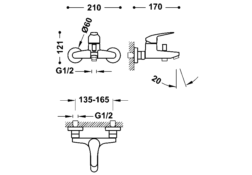 Grifo de ducha y bañera empotrado Base Plus Tres croquis 1