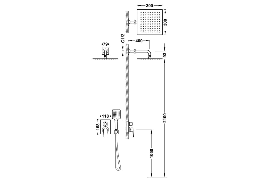 Conjunto de ducha empotrado Project Tres croquis 12