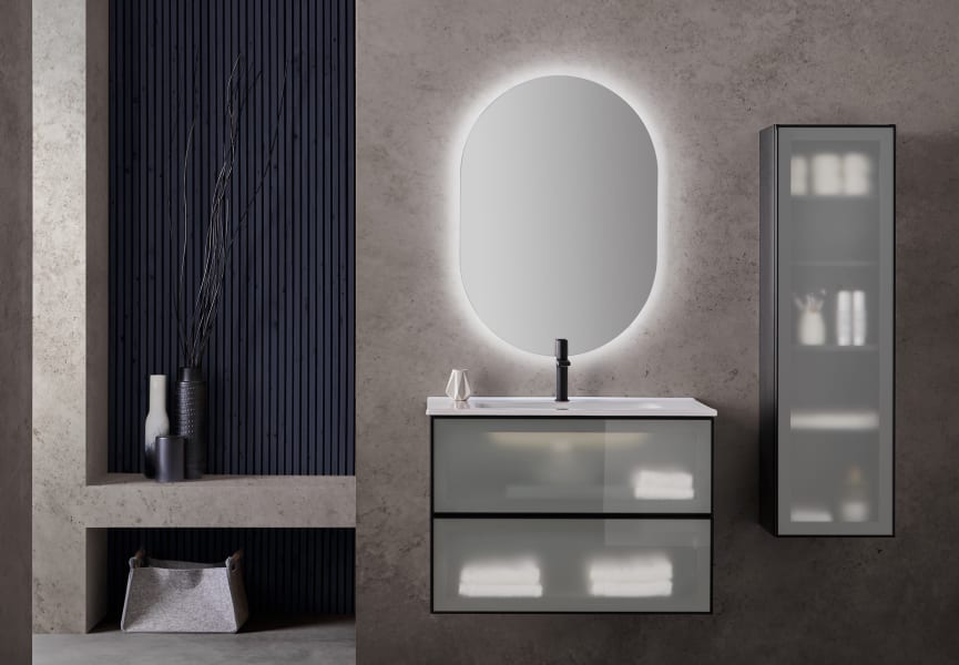Conjunto mueble de baño frente cristal mate Koba Sanchís ambiente 2