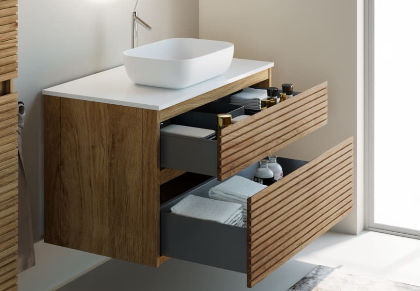 Mueble de baño madera maciza con encimera de Solid surface Alpes 5 Bruntec detalle 2