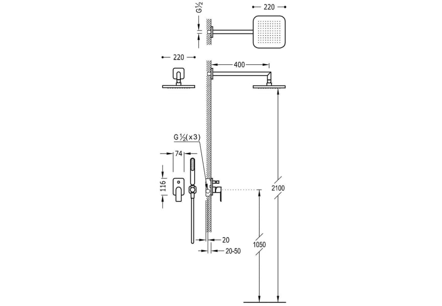 Pack grifo de lavabo + conjunto de ducha empotrado Loft Tres croquis 3