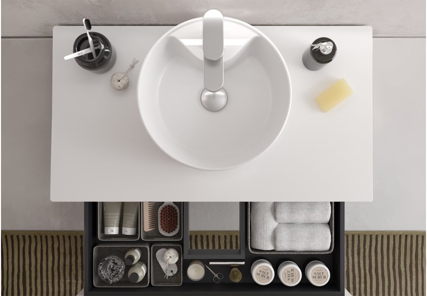 Conjunto mueble de baño Runa Salgar con lavabo sobre encimera detalle 10