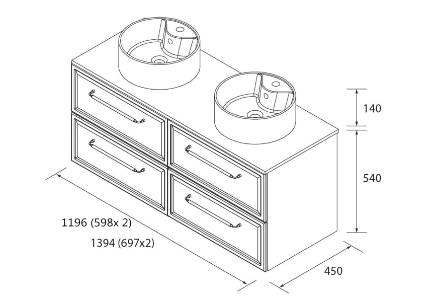 Conjunto mueble de baño Runa Salgar con lavabo sobre encimera croquis 15