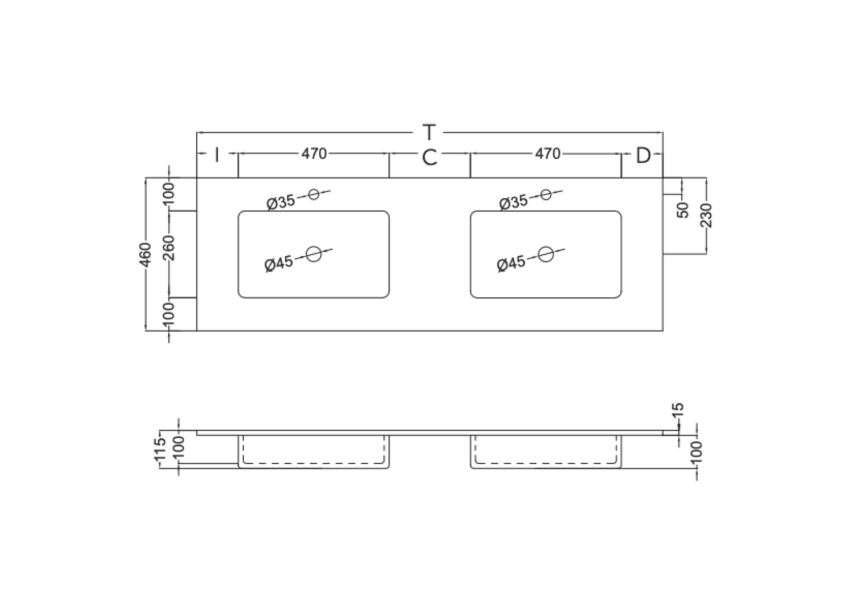 Lavabo encastrado Ambar Coycama croquis 4