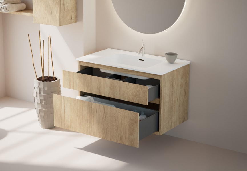 Conjunto de mueble de baño de madera maciza Alpes 17 Bruntec detalle 2