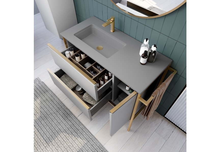 Mueble Baño al Suelo con Lavabo Cerámico, 100cm, 2 Cajones Puerta Lateral  Cierre Amortiguado y Organizador Diseño Industrial, Mist - Oro