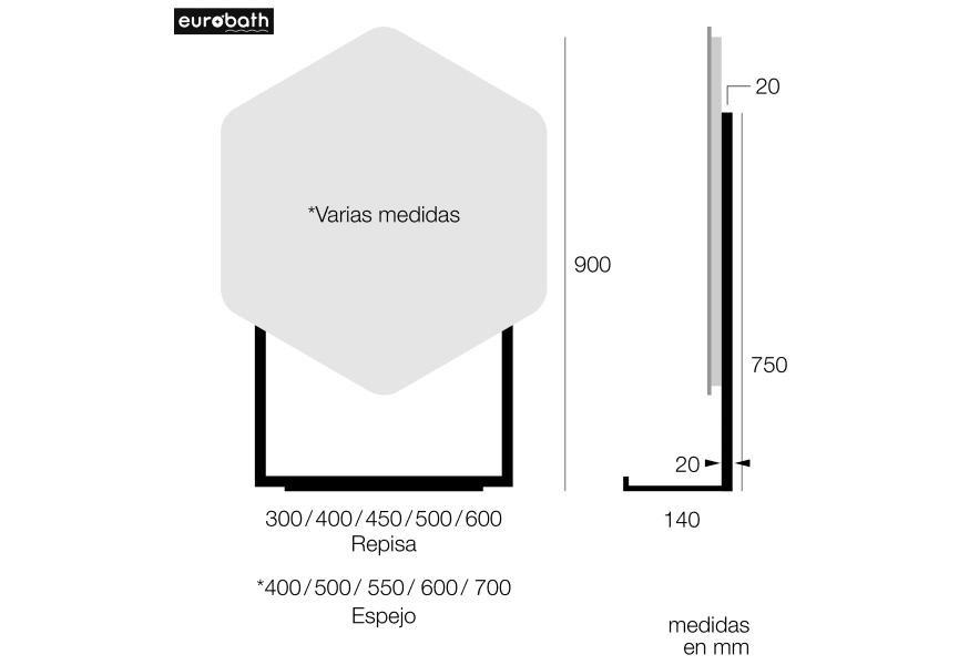 Espejo de baño con luz LED Azores de Eurobath Croquis 5