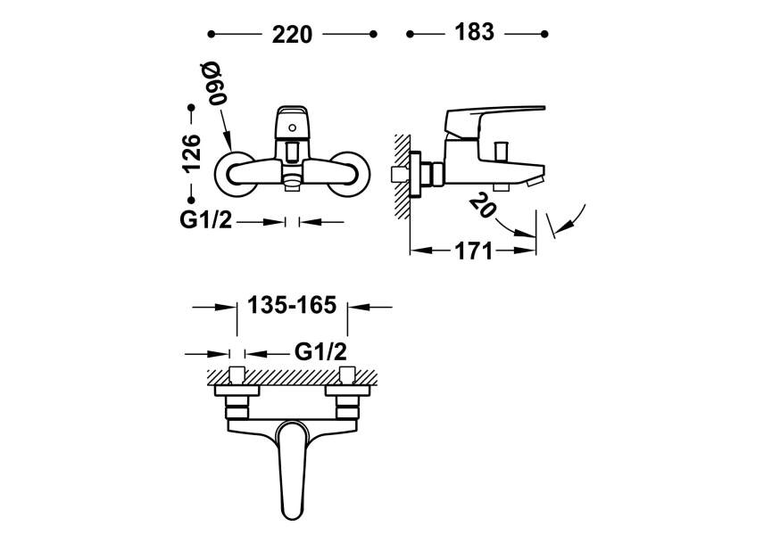 Grifo de bañera empotrado Flat de Tres croquis 1