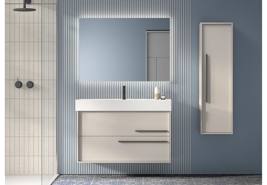 Mueble de Baño suspendido con tapa y Lavabo Cerámico, 60 cm, 2 cajones  con Cierre Amortiguado y Organizador, beig verdoso.