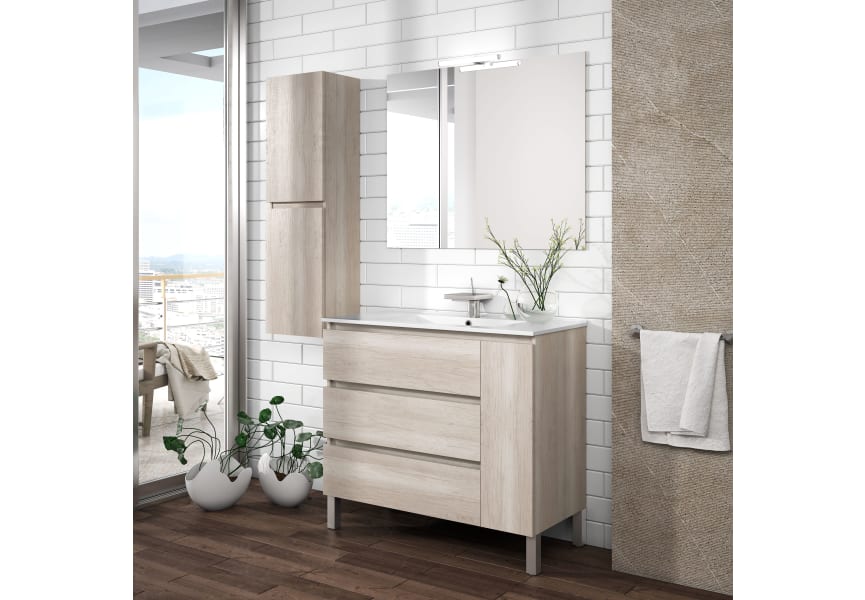 Conjunto de baño compuesto por mueble con lavabo, espejo y aplique led  Arenys, en blanco brillo de 60 cm