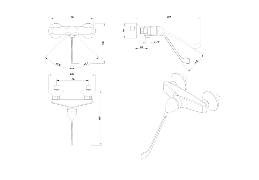 Grifo de ducha PMR Easy de Unisan Sanindusa croquis 2