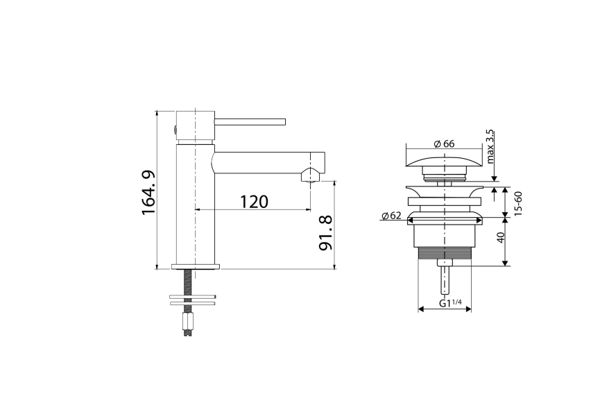 Pack Grifo de lavabo Milos Imex + Válvula click-clack croquis 8